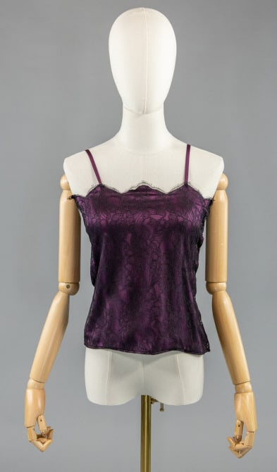 Vintage 1980s Chanel Silk Lace Camisole Tank Top: Vintage 1980s Chanel Silk Lace Camisole Tank Top having lace overlay throughout with buttons at side to close. Marked size 36 - Measuring 32 inch bust, 20 inches long.