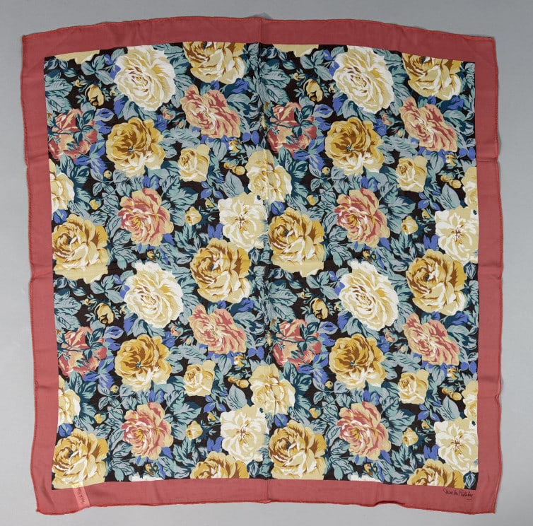 Vintage Diane Von Furstenberg Floral Silk Scarf: Vintage Diane Von Furstenberg Floral Silk Scarf having floral print at center with pink bordered edges. Tagged Diane von Furstenberg, 100% Silk, Made in Japan. Measuring approximately 31 inches square