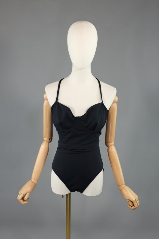 Vintage 1990s Hermes Bathing Swim Suit One Piece: Vintage 1990s Hermes Bathing Swim Suit One Piece with underwire cups and small H embroidery at back as shown. Light wear throughout. Marked size 44 - measuring 32 - 42 inch bust, 24 - 36 inch waist, 3