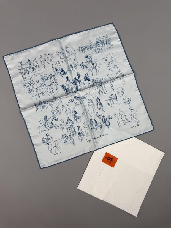 Hermes Paris Silk Pochette Gavroche Pocket Scarf: Hermes Paris Silk Pochette Gavroche Pocket Scarf having Croquis Champs de Courses pattern. With original tag and wrapping paper. Measuring approximately 16 inches square.