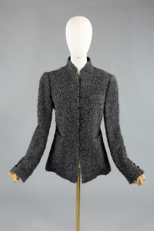 Vintage 1990s Armani Collezioni Boucle Coat Jacket: Vintage 1990s Armani Collezioni Boucle Coat Jacket having Mandarin collar, button closures down center front and at sleeve hems, and three front welt pockets. Fully lined. Marked size 8. Measuring 40