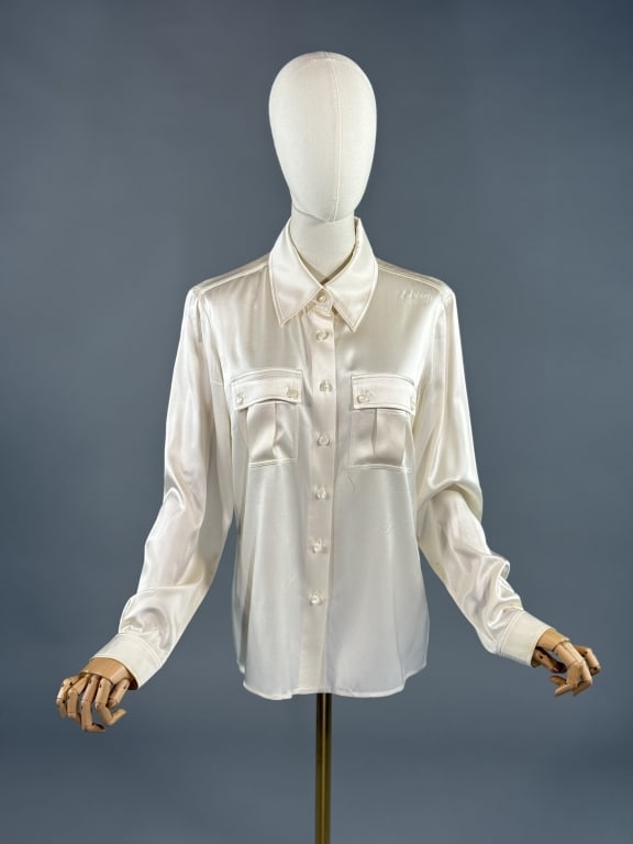 St. John White Silk Satin Button Up Shirt (1 of 11)