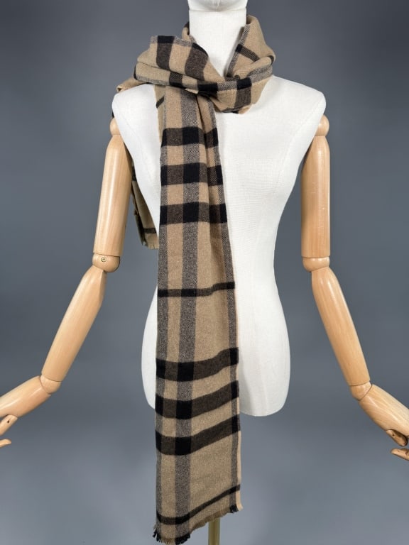 Burberry Black & Brown Wool Plaid Woven Scarf (1 of 8)