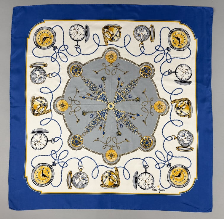 Vintage Rolex Geneve Pocket Watch Print Silk Scarf: Vintage Rolex Geneve Pocket Watch Print Silk Scarf having print throughout with hand rolled edges. Labeled 100% Silk, Swiss Made - measuring approximately 36 inches by 35 inches. Light wear as shown.