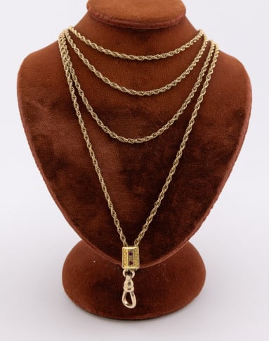 Antique 19th C 10kt Gold Slide Guard / Watch Chain: Antique 19th C 10kt Gold Slide Guard / Watch Chain. Antique Victorian era yellow gold filled rope twist necklace chain / long watch chain with dog clip and a 10kt gold and garnet set slide. Chain is g