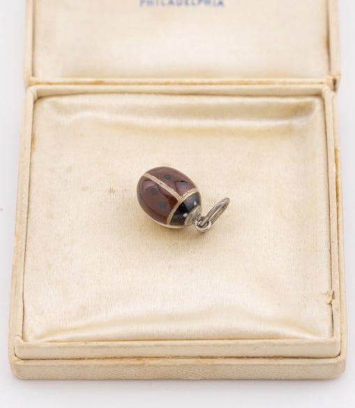 Estate Russian Silver & Enamel Egg Pendant Charm: Estate Russian Silver & Enamel Egg Pendant Charm. Lady bug design motif. Measures just under 1 inch in length with the bail.