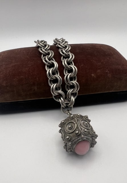 Antique Etruscan Revival 800 Silver Bracelet w Fob: Antique Etruscan Revival 800 Silver Bracelet w Fob Charm Pendant. Double rolo link design bracelet, clasp is hallmarked 800. Comes with one large fob with cabochon in Archaeological Revival style with