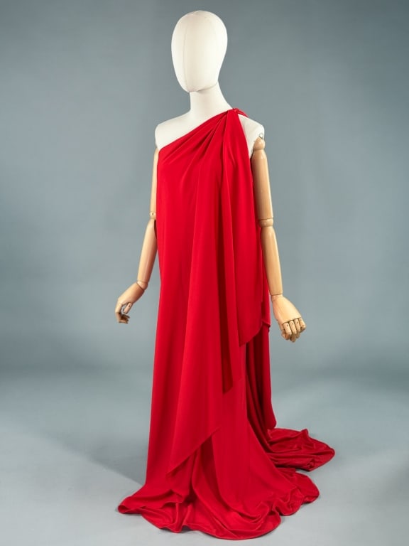 Vintage 1970s Halston Red Jersey One Shoulder Gown (1 of 13)