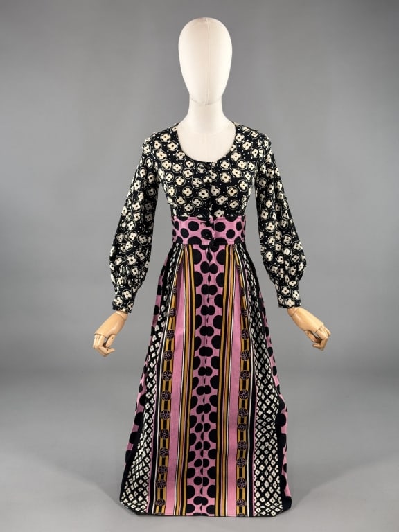 Vintage 1960s Emanuel Ungaro Mod Patterned Dress: Vintage 1960s Emanuel Ungaro Mod Patterned Dress having mixed patterns throughout with scoop neckline, button & zip front closure. Measuring 32 inch bust, 26 inch waist, 52 inches long, 21 inch sleeve