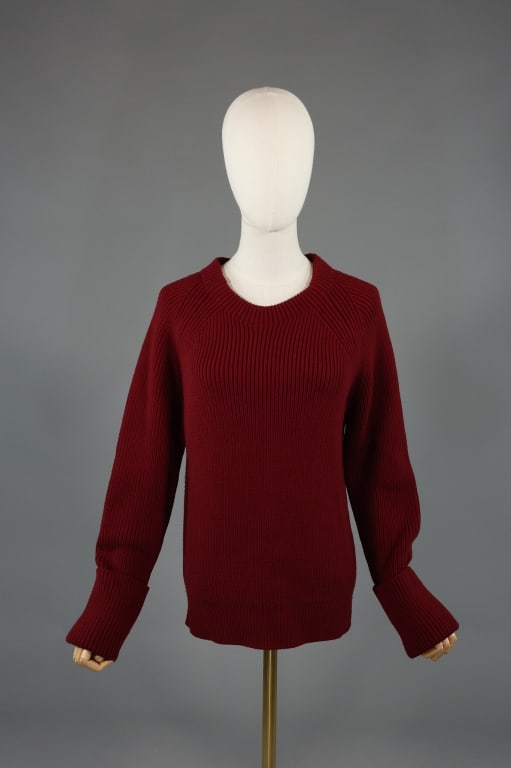 The Row Red Rib Knit Virgin Wool Sweater Top: The Row Red Rib Knit Virgin Wool Sweater Top having rib knit design throughout with raglan sleeves. Marked size L - measuring 36 inch bust, 25 inches long, 26 inch sleeve length with stretch throughou