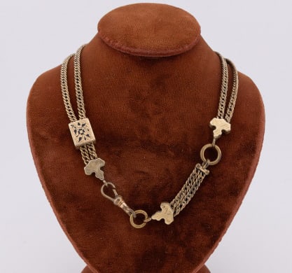 Antique 19th C Victorian Gold Fill & Enamel Chain: Antique 19th C Victorian Gold Filled & Black Enamel Watch Chain w Slide. Gold filled and black enamel decorated watch chain with slide, dog clip and chased aesthetic movement style caps. Measures 15 i