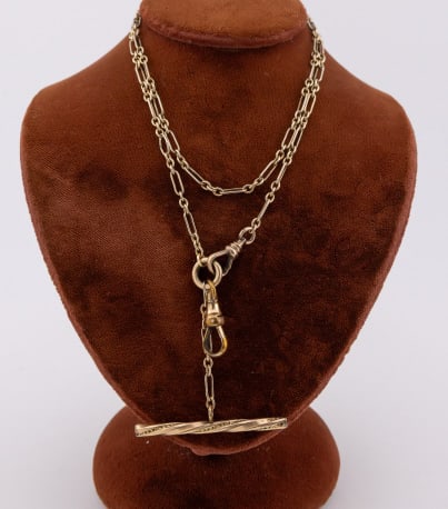 Antique 19th C Victorian Gold Fill Watch Chain: Antique 19th C Victorian Gold Fill Watch Chain. Yellow gold filled fancy link watch chain / necklace chain with two dog clips and T bar. Measures just over 20 inches in length.