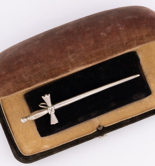 Antique Scottish Sterling Silver Sword Pendant: Antique Scottish Sterling Silver Figural Sword / Dagger Necklace Pendant. Full Scottish sterling hallmarks on the back, including the Thistle. Measures 3.5 inches in length.