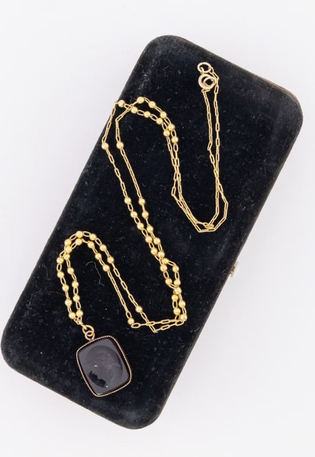 Antique 19th C Intaglio w Yellow Gold Filled Chain: Antique 19th C Intaglio w Yellow Gold Filled Necklace Chain. Intaglio of a man or soldier in profile w helmet with gold filled frame, on yellow gold filled necklace chain, clasp is hallmarked. Chain m