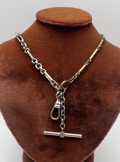 Antique 19th C Watch Chain Necklace w Dog Clip: Antique 19th C Watch Chain Necklace w Dog Clip, Spring Ring & T Bar. Two tone in silver tone and gold filled. Measures 16 inches in length.