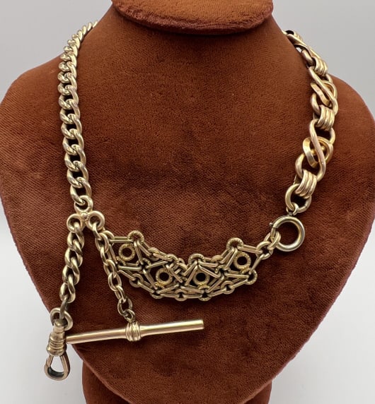 Antique Gold Fill Watch Chain Necklace w Dog Clip: Antique Yellow Gold Filled Watch Chain Necklace w Dog Clip & T Bar. Including a curb link antique 19th century Victorian era watch chain along with extender and ornate link chain. Set with dog clip fo