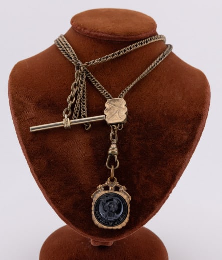 Antique 19th C Gold Fill Watch Chain Columbus Fob: Antique 19th C Gold Filled Watch Chain w Columbus Fob. Chain measures 12.5 inches in overall length, has slide, dog clip, T bar and fob. Fob reads 1492 Columbus 1892.