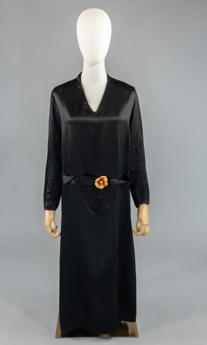 Antique 1920s Black Satin Floral Ribbon Work Dress (1 of 7)