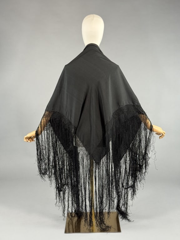 Antique 1920s Black Silk Fringed Piano Shawl Wrap (1 of 6)