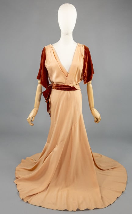 Vintage 1930s Peach Crepe Velvet Deco Wrap Dress (1 of 14)