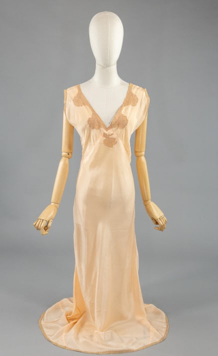 Vintage 1930s Pink Silk Lace Slip Dress Night Gown: Vintage 1930s Pink Silk Lace Slip Dress Night Gown having lace applique details at bust and around sleeve holes. Bias cut, no closures with give throughout. Light wear as shown. Measuring 34-42 inch b