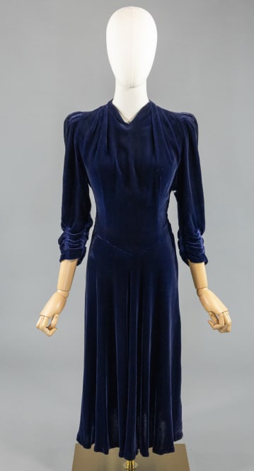 Vintage 1930s Blue Silk Velvet Bias Cut Dress: Vintage 1930s Blue Silk Velvet Bias Cut Dress having ruched details throughout and bias cut with stretch, closing with zip at side and buttons at back neck. Holes throughout as shown. Measuring 36 inc