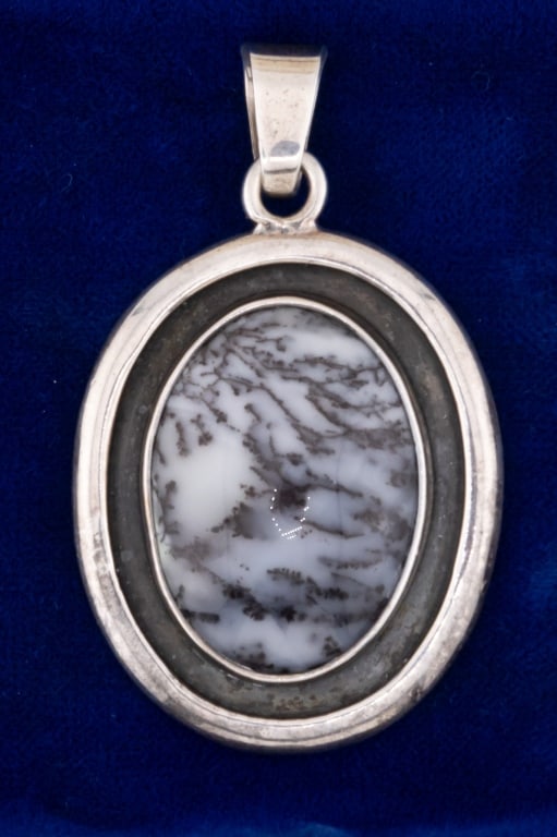 Charles Albert Sterling & Dendritic Agate Pendant: Charles Albert Sterling & Dendritic Agate Pendant. Signed artisan sterling silver necklace pendant with large dendritic agate cabochon. Signed / hallmarked on back " Charles Albert fine Sterling Silve