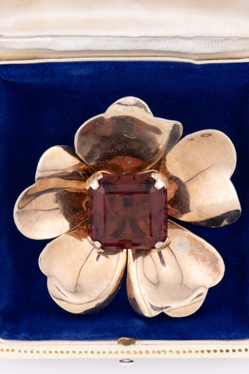 Large Scale Sterling Silver Pansy Flower Brooch: Large Scale Sterling Silver Pansy Flower Brooch w Large Asscher Cut Crystal at Center. Hallmarked STERLING on the back. Measures 2.5 inches in circumference. Weighs approximately 31.5 grams inclusive.