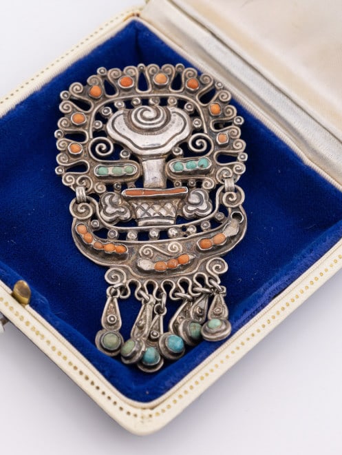 Signed Matilde Poulat Sterling Silver Brooch: Signed Matilde Poulat Sterling Silver Brooch. Sterling silver, turquoise and coral brooch with articulated fringe, signed on the back MATL 925 MEXICO. Measures 3.25 inches in length.