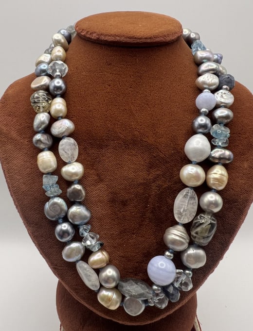 Estate Sterling Pearl Moonstone Gemstone Necklace: Estate Sterling Cultured Pearl, Moonstone & Gemstone Necklace. Double strand necklace with cultured baroque Tahitian silver, champagne and gray tone high luster pearls with lace agate, moonstone and t