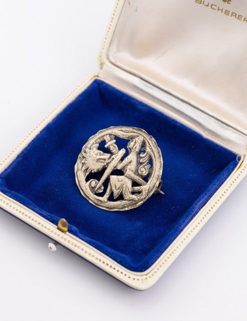 Antique Silver Brooch of Saint George & Dragon: Antique Silver Brooch of Saint George Slaying the Dragon. Lower grade silver approximately 800. Measures 1.5 inches in diameter.