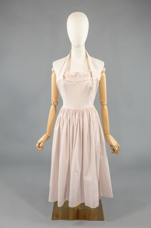 Vintage 1950s Pink Cotton Shelf Bust Halter Dress (1 of 8)