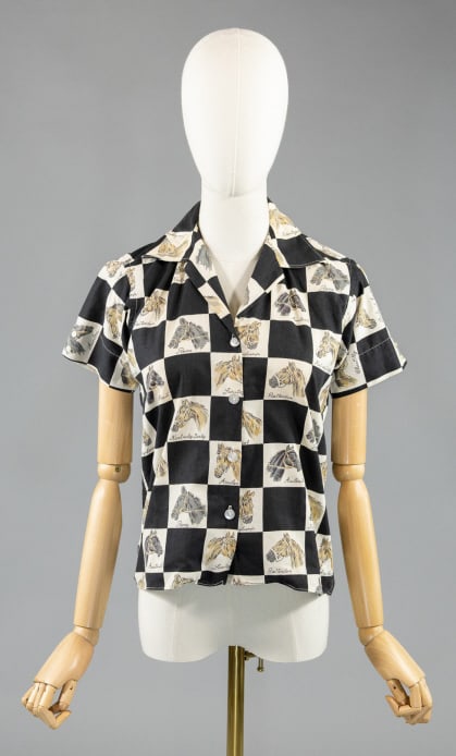 Vintage 1960s Horse Cotton Polo Button Up Shirt: Vintage 1960s Checkerboard Horse Print Cotton Polo Button Up Shirt having small notched lapel collar with button front closure. Labeled Monocle. Measuring 36 inch chest, 21 inches long, 6 inch sleeve