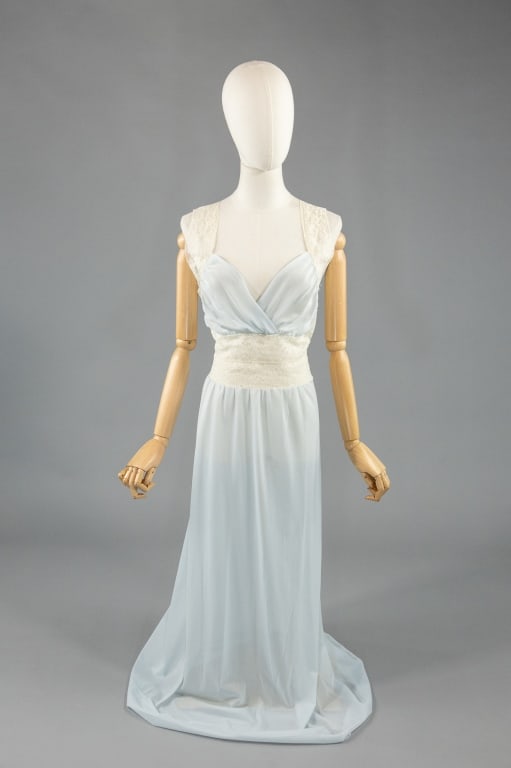 Vintage 1950s Blue Nylon Lace Slip Dress: Vintage 1950s Blue Nylon Lace Slip Dress Night Gown having lace details through straps and waist and ruched bustline. Labeled Artistocrat. Marked 36 - Measuring 34-38 inch bust, 30 inch waist, 59 inch