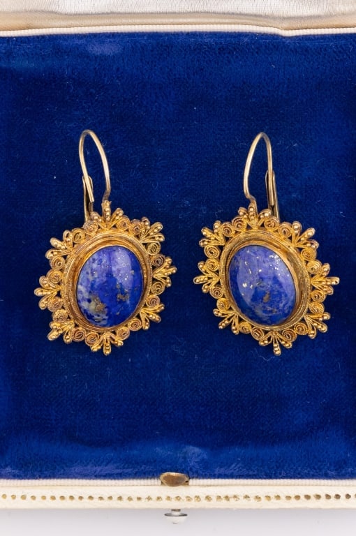 Estate Gold Over Silver Lapis Etruscan Earrings (1 of 8)