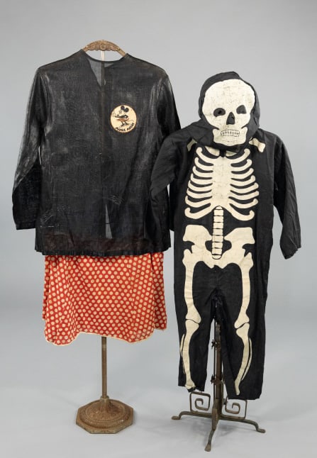 Collection Vintage 1950s Kid's Halloween Costumes: Collection Vintage 1950s Kid's Halloween Costumes. One Minnie Mouse costume with top and skirt, one skeleton jumpsuit with face mask. Both with wear throughout as shown. Minnie Mouse costume measures