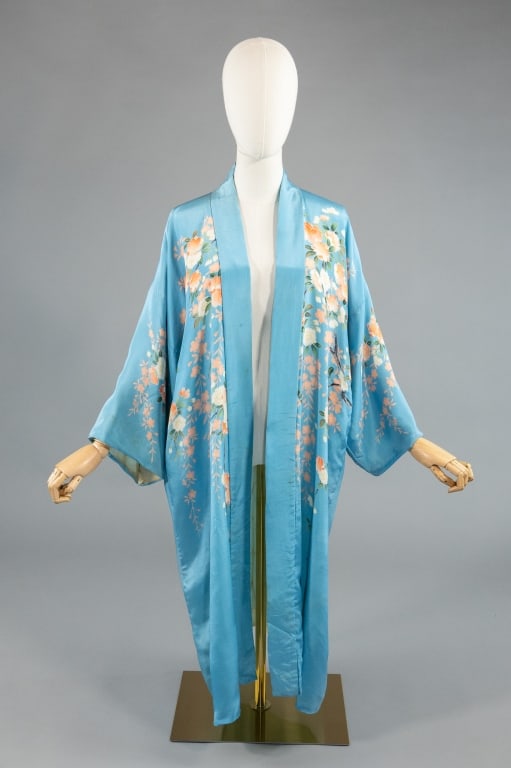 Vintage Blue Silk Floral Print Kimono Robe (1 of 10)