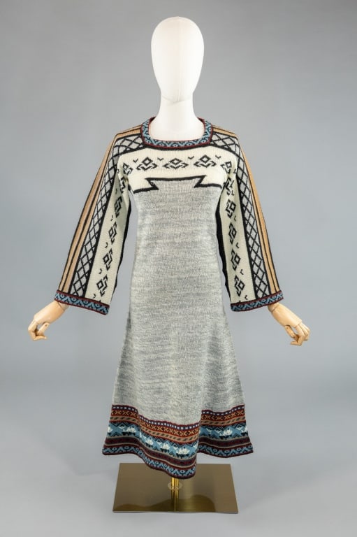 Vintage 1970s Multicolor Stripe Knit Collage Dress: Vintage 1970s Multicolor Stripe Knit Collage Dress having all over knit pattern and bell sleeves. Labeled CollageDress. Measuring 32 - 40 bust, 28 - 40 waist, 44 inches long, 20 inch sleeve length wit