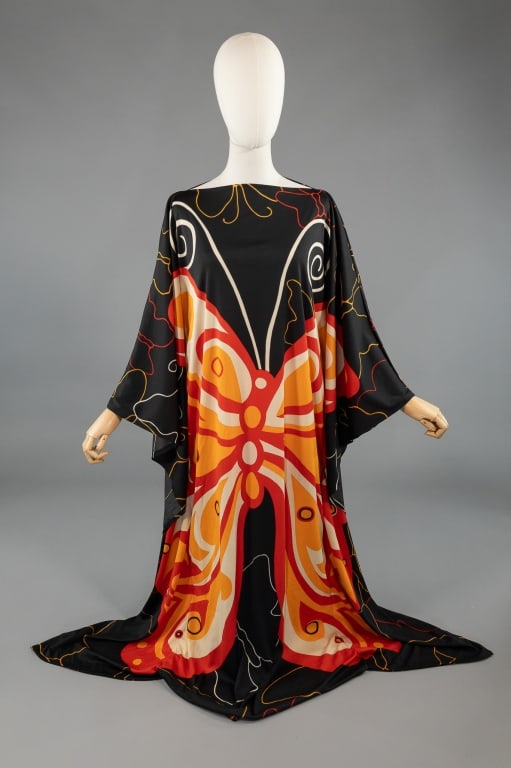 Vintage 1970s Poly Knit Butterfly Kaftan Dress: Vintage 1970s Poly Knit Butterfly Kaftan Dress Cover Up Gown having large scale butterfly print through front and back with stretch throughout. One size fits most measuring 56 inches long.