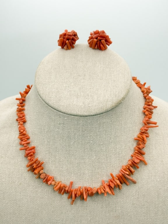 Vintage Coral Beaded Necklace & Earrings Set (1 of 11)