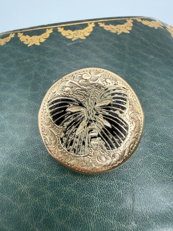 Antique Victorian Butterfly Enamel Gold Fill Pin: Antique Victorian Butterfly Enamel Gold Fill Pin having enamel butterfly and c clasp closure at back. Enameling is coming off, lightly dented at front, and wear around edges as shown. Measuring approx