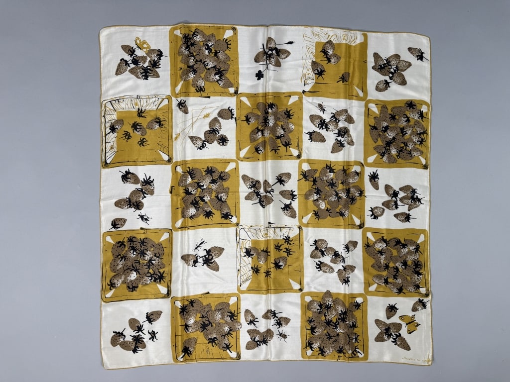 Vintage 1970s Silk Strawberry Checkerboard Scarf: Vintage 1970s Silk Strawberry Checkerboard Print Scarf having hand rolled edges and printed throughout. Marked w Hazeltine for Symphony. Measuring 30.5 inches by 31.5 inches.