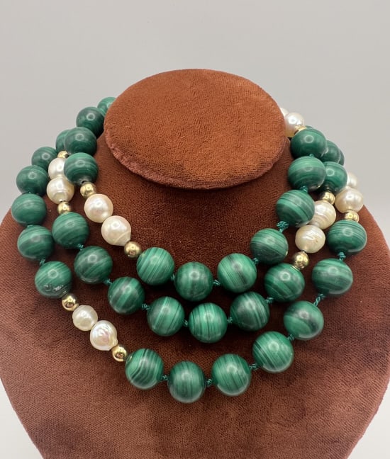 Estate Malachite & Cultured Pearl Necklace Strand: Estate Malachite & Cultured Pearl Necklace Strand. Hand knotted, set with approximately 9-10mm malachite and cultured baroque pearls. Measures 32 inches in length.
