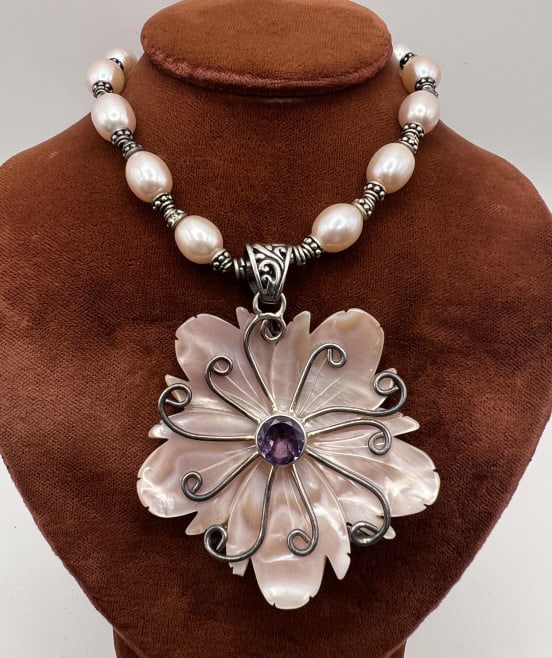 Sterling & Silver Cultured Pearl Amethyst Necklace: Sterling & Silver Cultured Pearl Amethyst Necklace. Clasp is hallmarked, set with cultured high luster baroque pearls, carved mother of pearl flower bezel set with amethyst at center, sterling silver