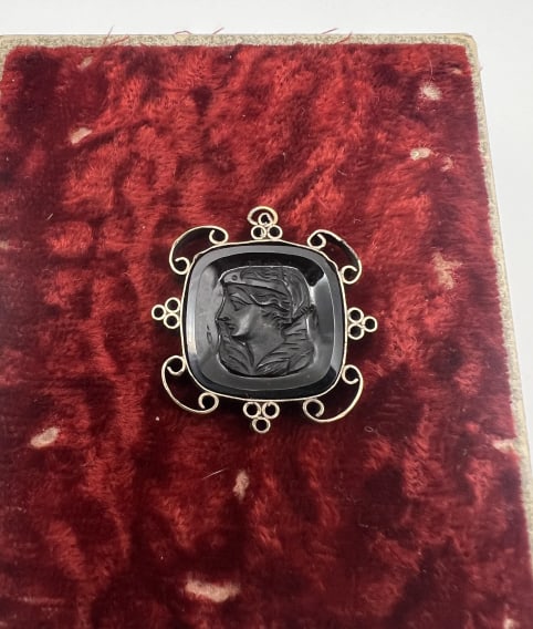 Antique 19th C Gold Fill Carnelian Cameo Pendant: Antique 19th C Gold Filled Carved Carnelian Cameo Necklace Pendant. Measures 1 inch in length.