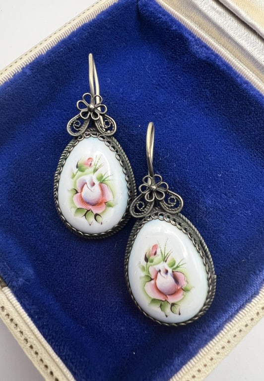 Vintage Hand Painted Enamel & Filigree Earrings (1 of 8)