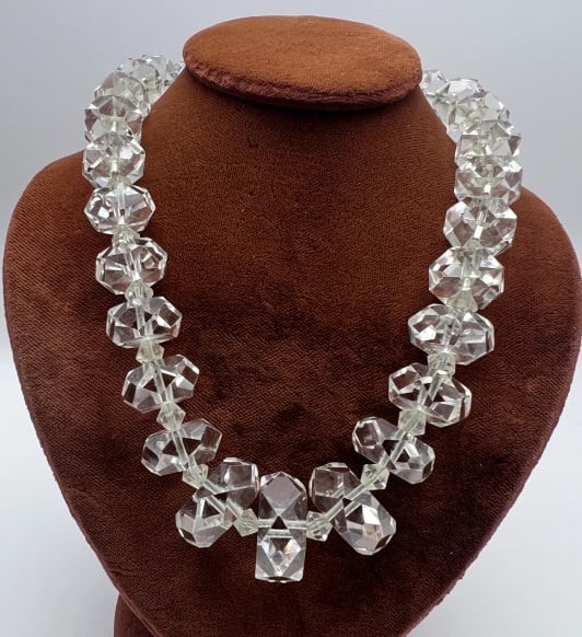 Antique Sterling Silver Rock Crystal Bead Necklace: Art Deco / Flapper Style Antique Sterling Silver Rock Crystal Bead Necklace. Clasp is hallmarked. The faceted rock crystal beads are graduated in size and strung on silver chain. Measures 17 inches in