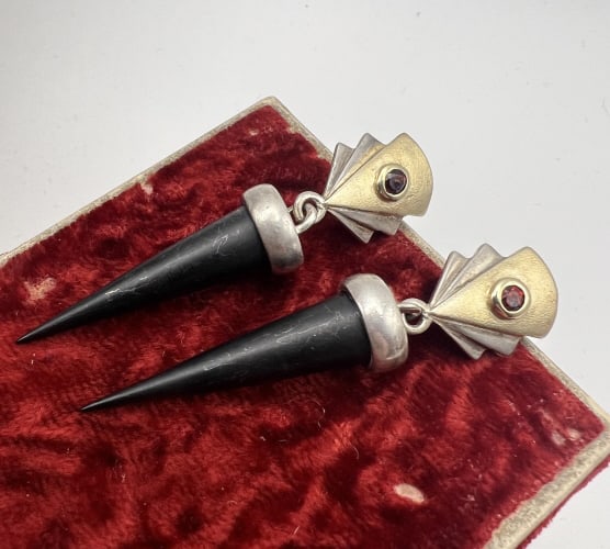 Art Deco Style Sterling & Garnet Pendant Earrings: Pair of Art Deco Style Sterling & Garnet Pendant Earrings. Hallmarked. Tops are bezel set with garnets, the spike pendant drops are blackened sterling silver. Each measures just over 2 inches in lengt