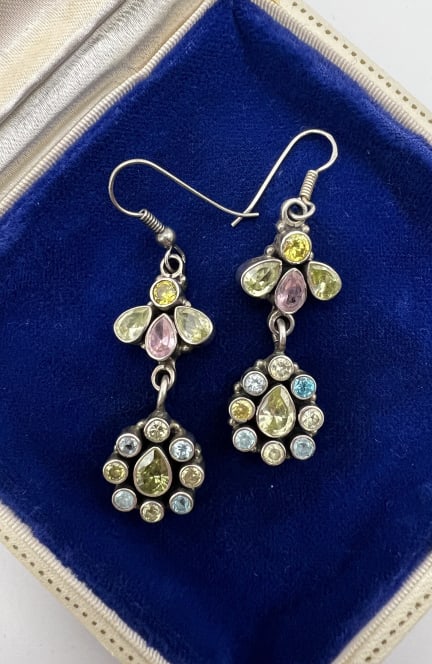 Pair Sterling Silver & Gemstone Pendant Earrings: Pair Sterling Silver & Gemstone Pendant Earrings. Bezel set sterling silver earrings with citrine, peridot etc. Hallmarked. Each measures approximately 2.25 inches in length.