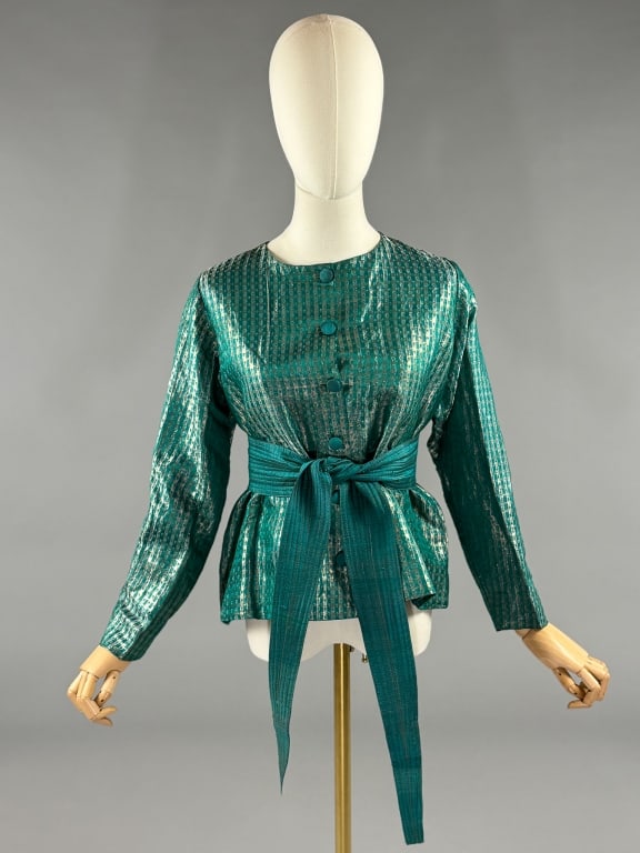 Vintage 1960s Lame Stripe Button Front Jacket: Vintage 1960s Lame Stripe Button Front Jacket having button front closure and matching belt. Measuring 21 inches flat across chest, 22 inches long, 22 inch sleeve length.